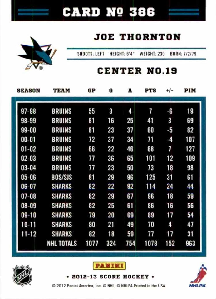 2012-13 Score Gold Rush Joe Thornton #386 - Image 2 of 2