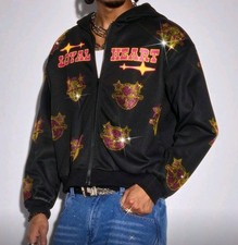 New Men Women Diamond Rhinestones Fashion Black Zip Hoodie High Quality