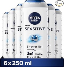 NIVEA Men Sensitive Shower Gel Pack of 6 250ml Alcohol Free Body Wash Bamboo 5.91 per litre
