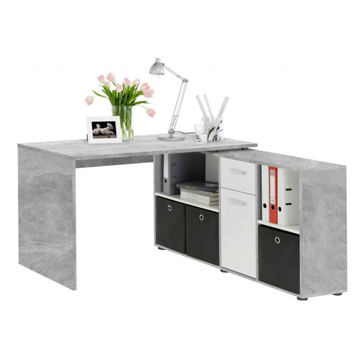 Bureau d'angle réversible Oxela gris 135cm avec rangement pour étudiant
