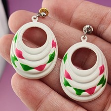 Napier White Enamel Floral Drop Earrings Pink Green Oval Hoop Pierced Retro