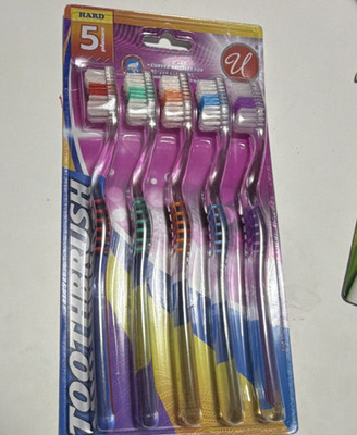 U Hard Bristles Nylon Toothbrush 5 Pack Multicolor Plastic Handle Regular