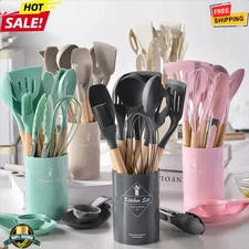 12 pcs Silicone Kitchen Utensils Wooden Handle Non-Stick Cooking Set