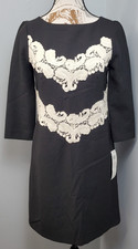 Maggy London Shift Dress Womens 2 Black Lace Appliqué Lined 3/4 Sleeve Back Zip