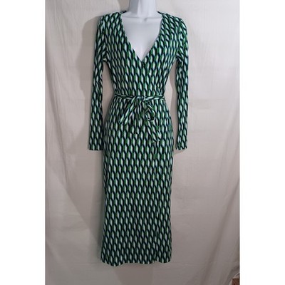 Women's NWT Diane von Furstenberg Maxi Geometric Green Wrap Dress Size XS
