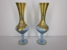 "Juego de (2) jarrones de vidrio azul dorado oro 24 K flores pintadas a mano 10"" cuello largo"