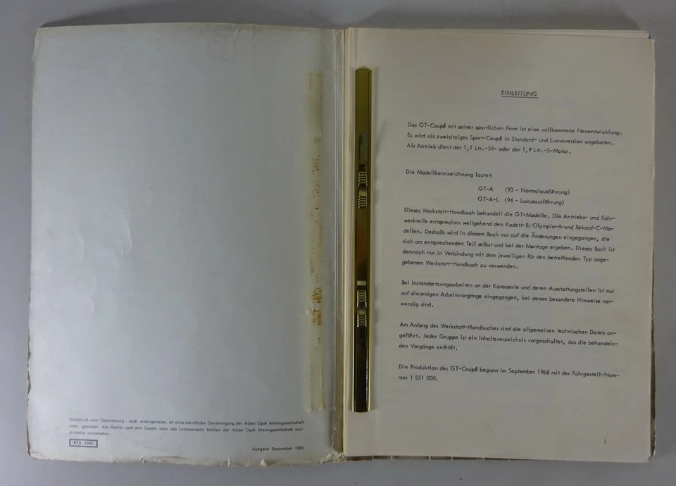 Manual de Taller Opel Gt - A / - L Con 1,1L/1,9L Motor Stand 09/1968 - Imagen 2 de 4