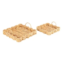 Woven Water Hyacinth Scalloped Square Trays, Set of 2, Natural