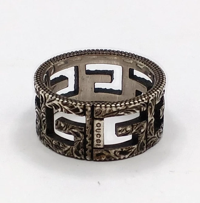 Anello Gucci quadrato logo G argento sterling 925 fascia larga misura 21 US 9 5 con scatola
