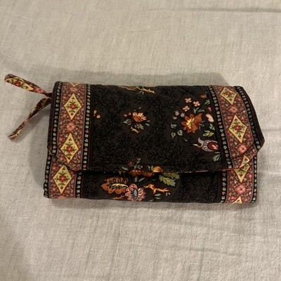 Vera Bradley Tri-Fold 7''X5'' /7X12 1/2'' 4 Sec. Wallet - Floral Brown w/reds/pink