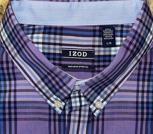 Camisa IZOD Para Hombre Púrpura A Cuadros No Plancha Elastizada L/S Abotonada Talla L Nueva Con Etiquetas - Imagen 2 de 4