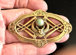 Antique Brass BPOE Elks Club Convention Large Oval Brooch Elk Head Green Stone