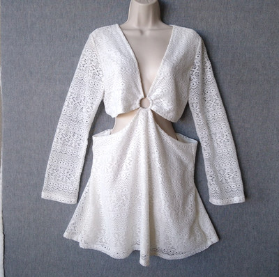 H&M Cutout Lace Mini Dress XL Open-Back White Long Sleeve Crochet V Neck Divided