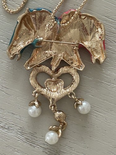 Betsey Johnson Red & Blue Enamel Crystal Pearl Heart Horse Necklace Brooch NWT - Picture 6 of 8