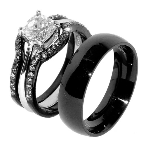 His & Hers 4 PCS Black IP Stainless Steel Wedding Ring Set Mens Matching Band - 第 1/9 張圖片
