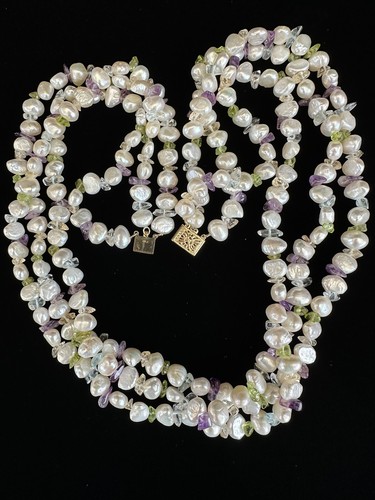 14k Clasp Strand Pearl aquamarine peridot Amethyst Torsade Necklace 99 Grams - Picture 10 of 12