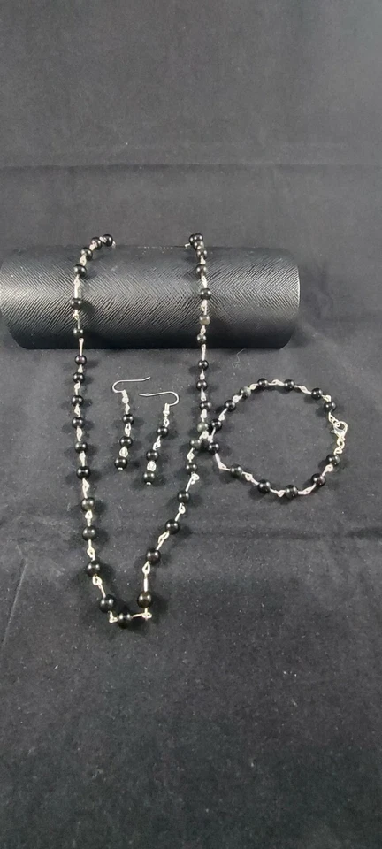 Juego 3 en 1: Collar de obsidiana arco iris natural plateado, pendientes, pulsera  Foto 3 de 4