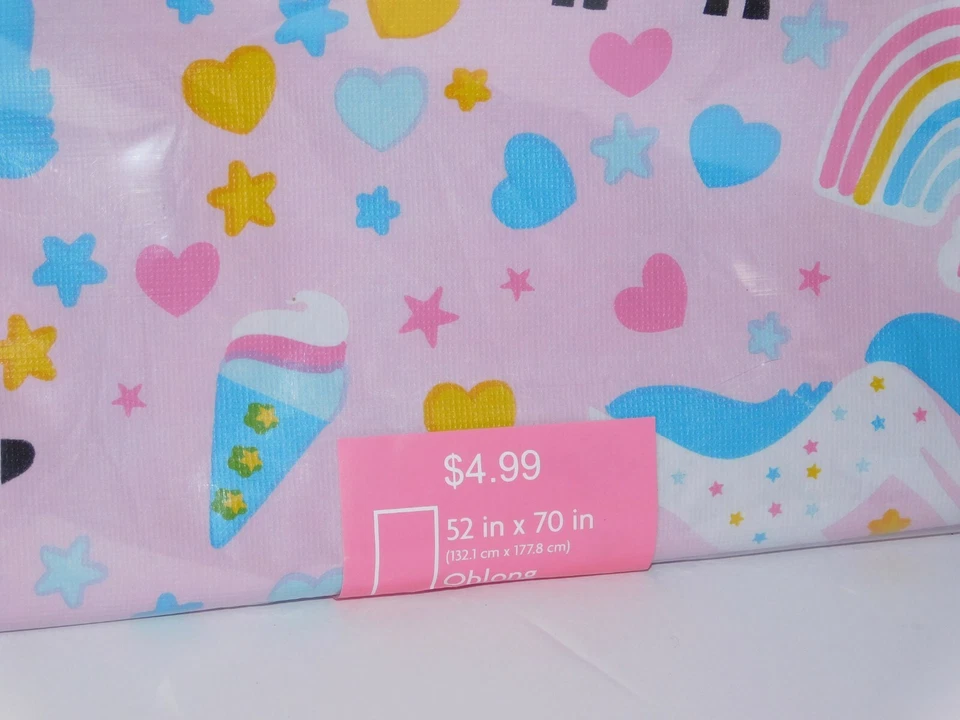 Cubierta de mantel de fiesta unicornio oblonga 52x70 vinilo rosa arco iris corazones mágicos Foto 3 de 4