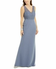 Adrianna Papell Womens Gown Gray Blue Illusion Lace V-Neck Size 18 8 6