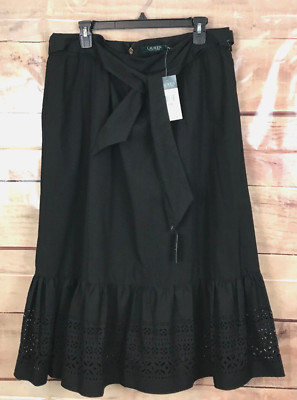 Ralph Lauren Women 14W Black Long Skirt Light Ruffle Crochet Hem Side Pockets