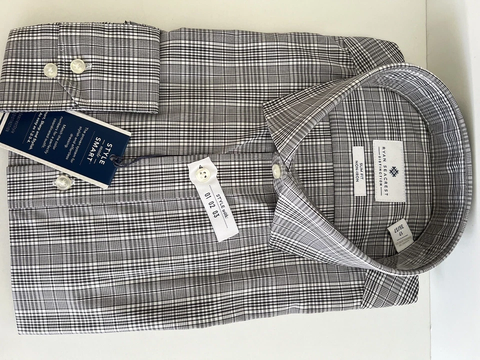 RYAN SEACREST Long Sleeve Dress Shirt 17 36/37 Black White Slim No Iron Cotton - Image 2 of 4