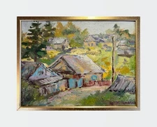 Oil painting Village Ukrainian painter Canvas Framed original Decor landscape