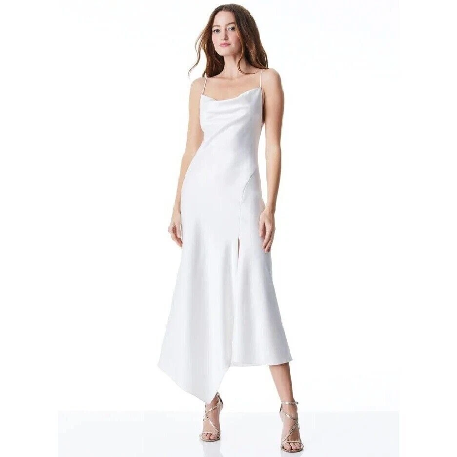OFF WHITE Abito midi Alice & Olivia nuovo con etichette Harmony drapey slip bianco sporco taglia 4 prezzo al pubblico consigliato $550