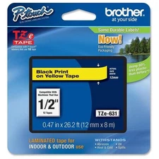 Brother International Tze631 Label Tape - 0.50" Width 1 Each Black on Yellow