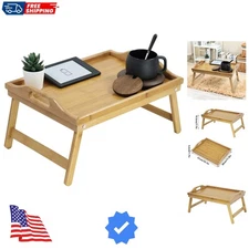 Bamboo Bed Table Tray Breakfast Tray with Folding Legs Bed Tray for Eating an...