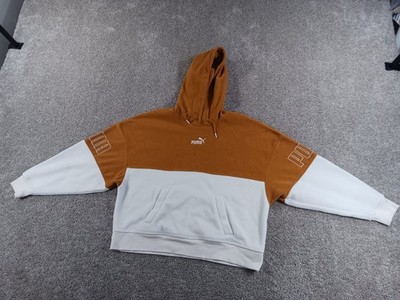 Puma XL Womens Sweater Brown White Hooded Drawstring Cropped Cotton