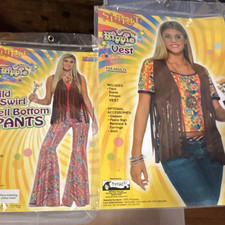 Spirit Hippie Costume Fringed Vest  Wild Swirl Bell Bottom Pants One Size