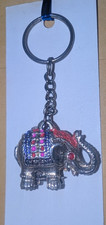 Vintage Elephant Keychain Painted Silvertone Metal With Gems