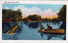 White Border Postcard Lake Hubert US Giant Fish Anglers in Canoe