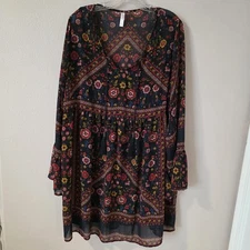 Xhilaration Sheer Dress XXL Dark Floral Boho Bell Sleeve Tassels