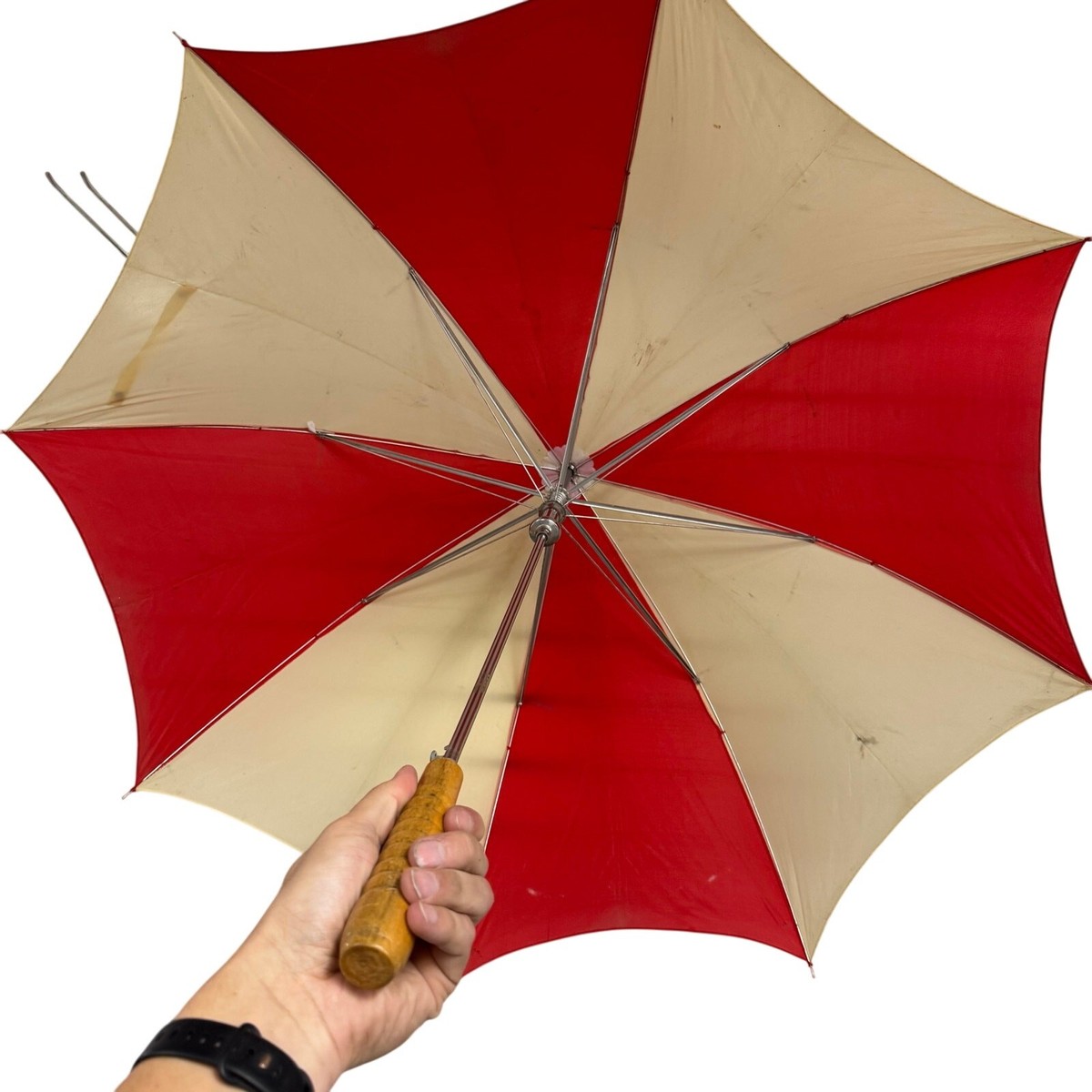 Vintage Red / White Umbrella W/ Wood Handle / Metal Frame