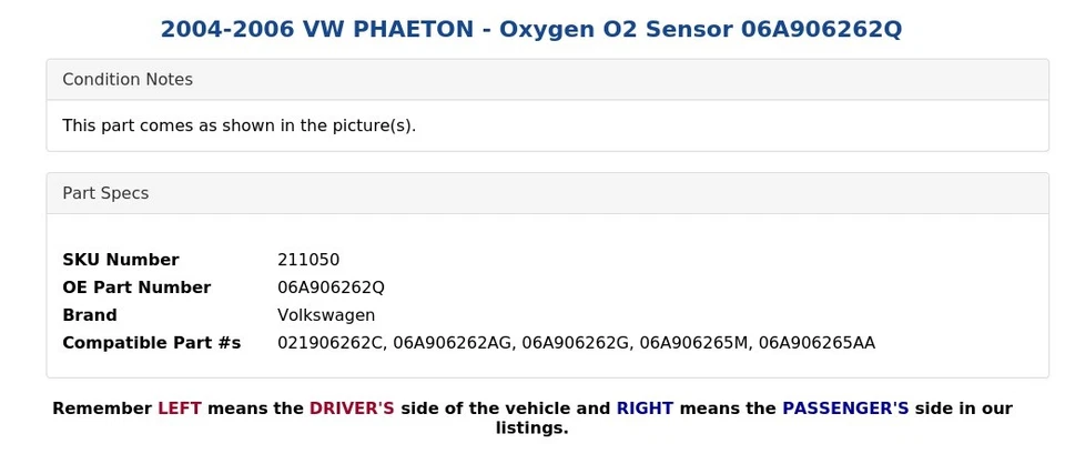 VW PHAETON 2004-2006 - Sensor de oxígeno O2 06A906262Q Foto 4 de 4