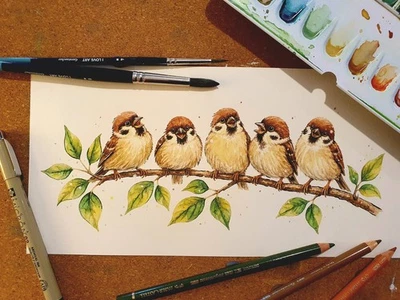 Original Aquarell Illustration Mit Spatzen, handgemaltes Bild 28x14cm, Unikat - Bild 1 von 4