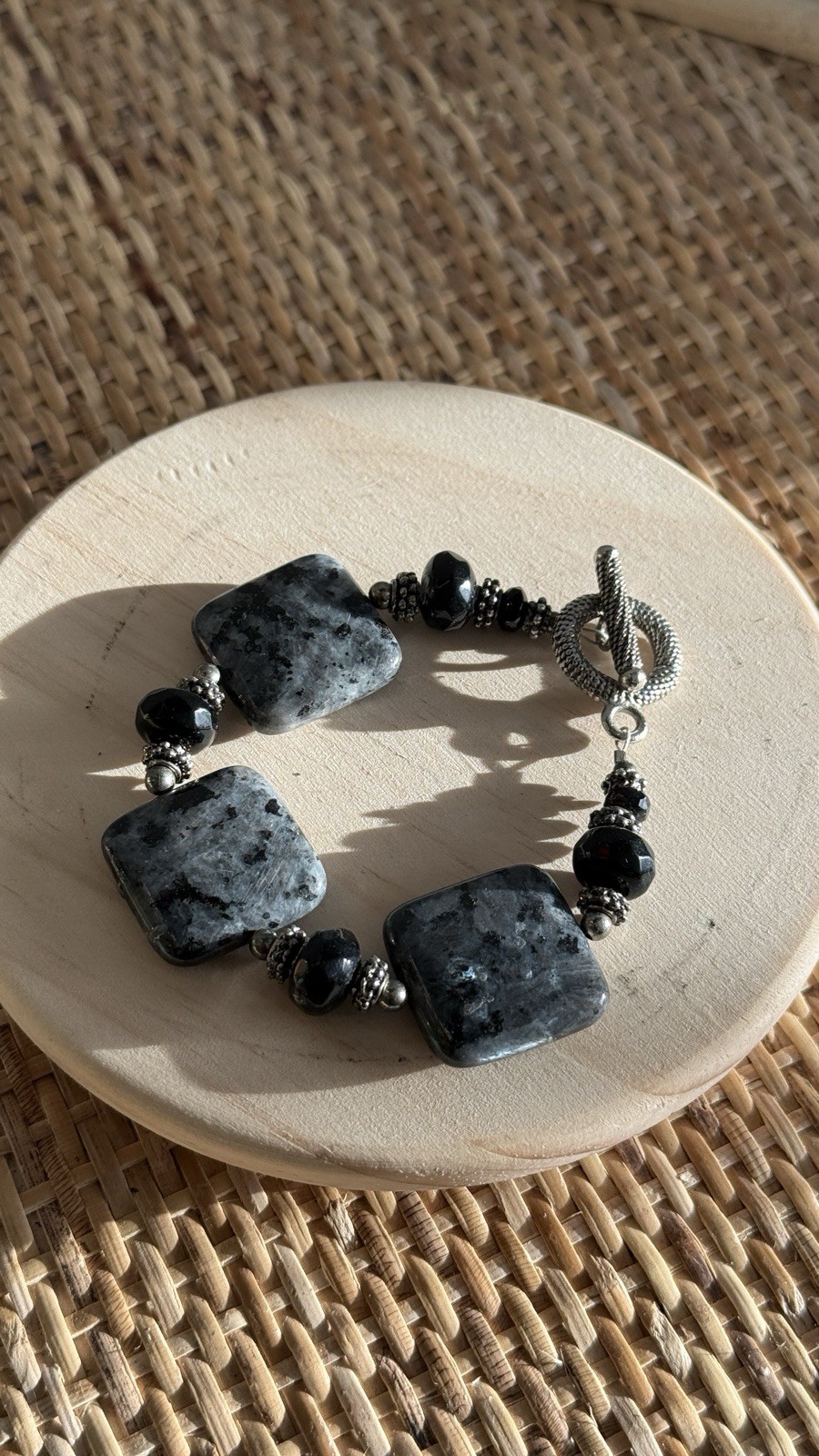Handcrafted Black Gray Rectangular Stone Beaded B… - image 2