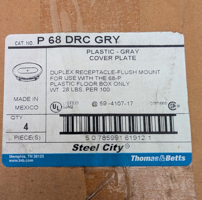 (4 Pack) Steel City P-68-DRC-GRY Floor Box Cover Plate Duplex Receptacle Gray