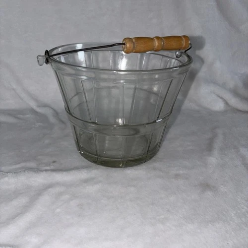 Vintage 70s Anchor Hocking Glass Ice Bucket Wooden Handle Apple Basket Logo EUC