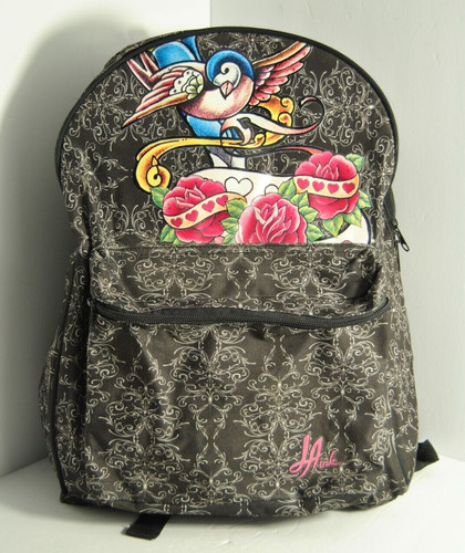 Vintage LA INK Backpack 2012 Black Pattern with Logo Roses Signed 15"