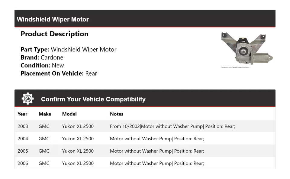 Para 2003-2006 GMC Yukon XL 2500 limpador de para-brisa motor traseiro Cardone 2004 2005 - Imagem 2 de 4
