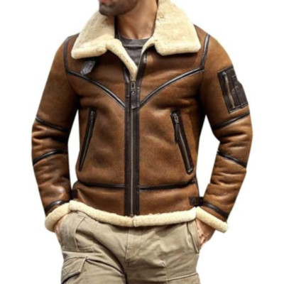 Men's RAF B3 Bomber Flight Pilot Aviator Lambskin Shearling Brown Leather Jacket
