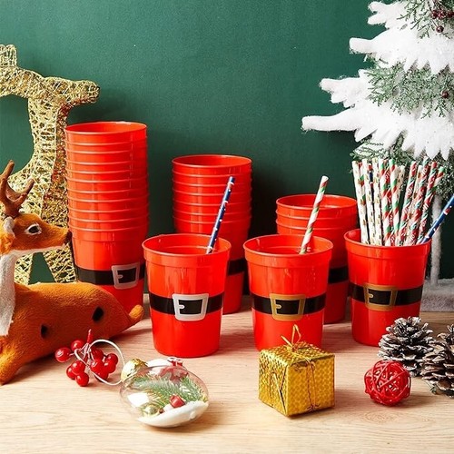 Christmas Santa Belt Plastic Cups SET OF 30 Holiday Party Gathering Reusable new