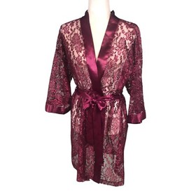Intimate Affair Robe Womens Size M Ruby Lace Kimono Tie Robe Satin Trim Sexy
