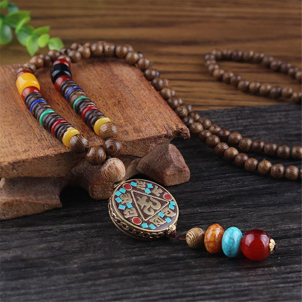 Women Long Bohemian Wooden Beaded Handmade Jewelry Pendant Chain