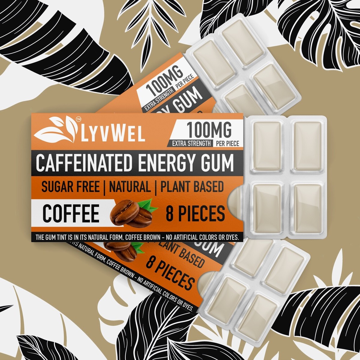 LyvWel Energy Focus Fresh Coffee Flavor Gum 3 Packs 100mg Caffeine