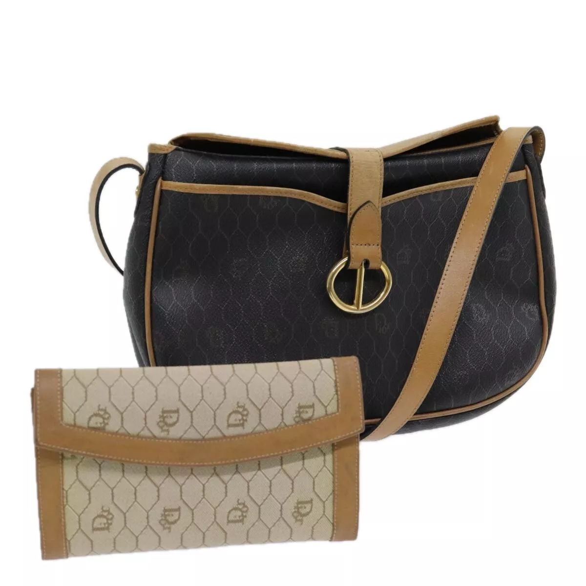 Christian Dior sac à bandoulière portefeuille toile nid d'abeille PVC lot de 2 noir authentique am6661