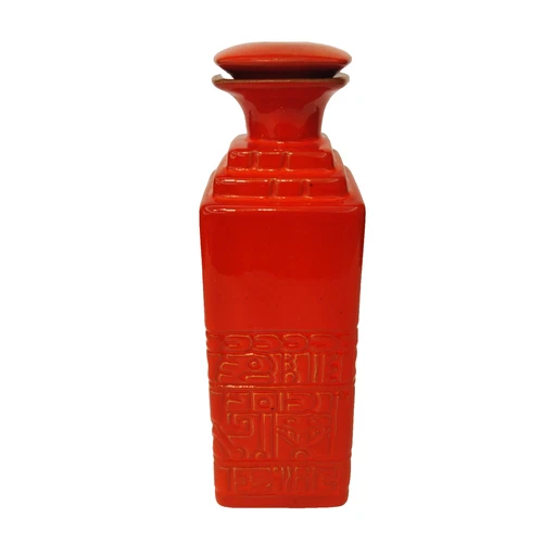 Vintage FRANKOMA 7JH Flame Red Orange Mayan Aztec Pottery Decanter With Stopper