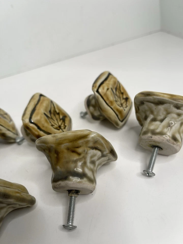 Juego de 9 tiradores de cajón cuadrado de cerámica hoja de arce marrón arte de gabinete rústico Foto 4 de 4